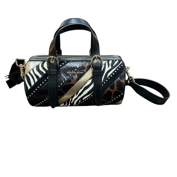 Michael Kors Stanton Patchwork Leather Studded Med Barrel Bag Cross Body Animal - Picture 2 of 10